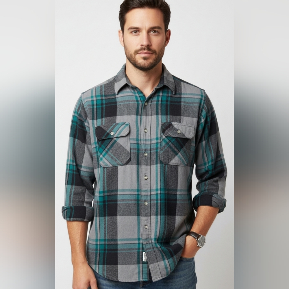 VTG Five Brother Shirt Button Down Flannel Plaid Long Sleeve Union USA L Tall